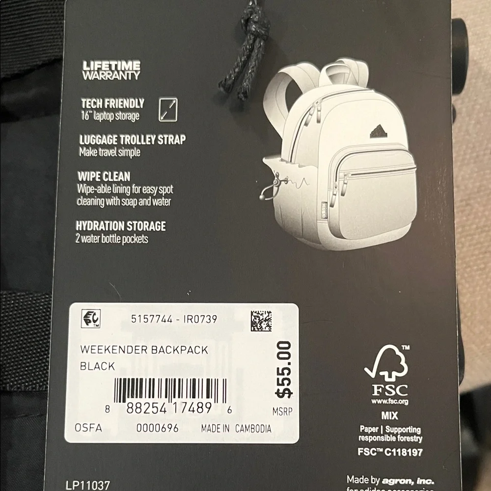 adidas Weekender Black Backpack/NWT